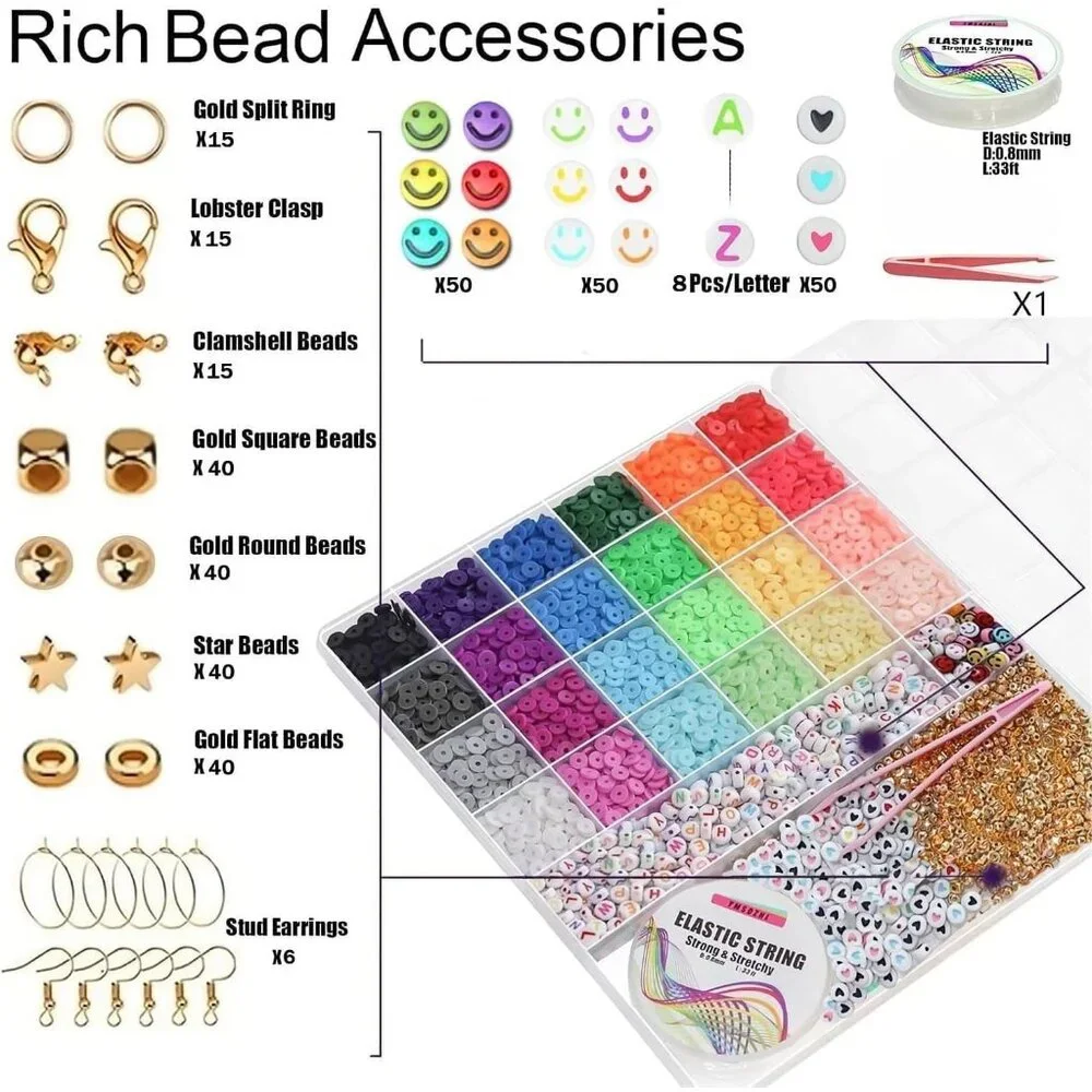 Clay Beads Bracelet Making Kit 6000+PCS 24 Color Flat Jewelry Crafts Friendship